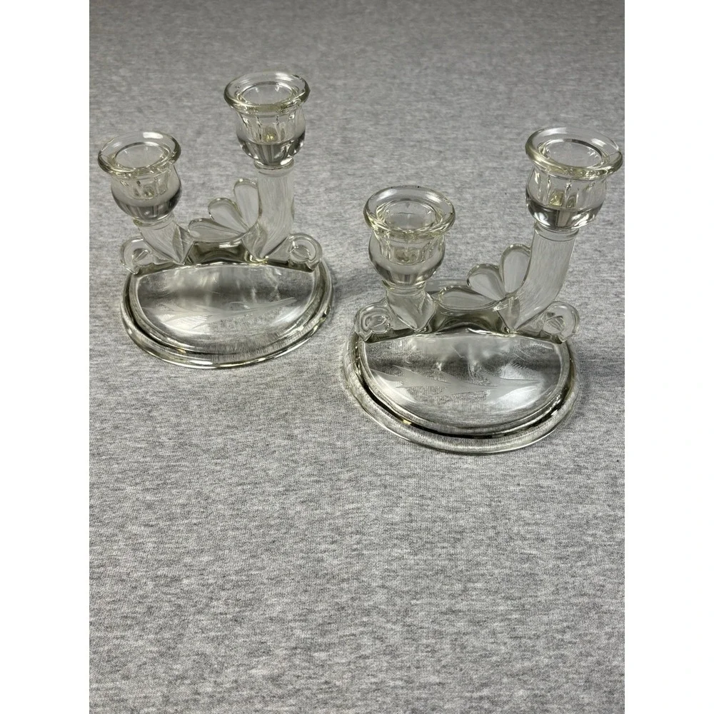 2 Glass Candle Holders VTG Jeanette 1950s Pair Clear Double‎ Lite 3375 Tulip Art